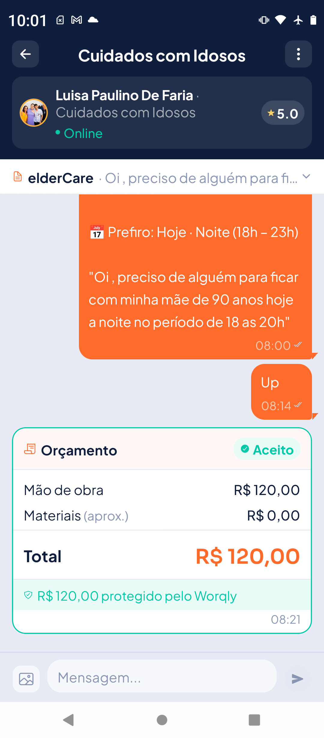Print do app Worqly — Chat + Orçamento