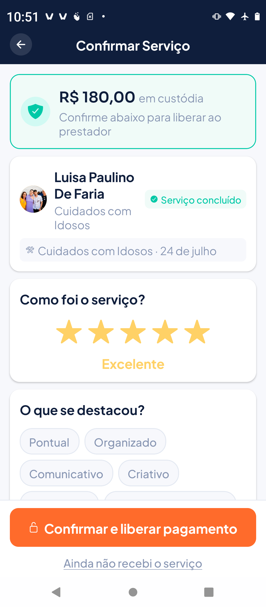 Tela de confirmação do serviço, com valor em custódia protegido pelo Worqly