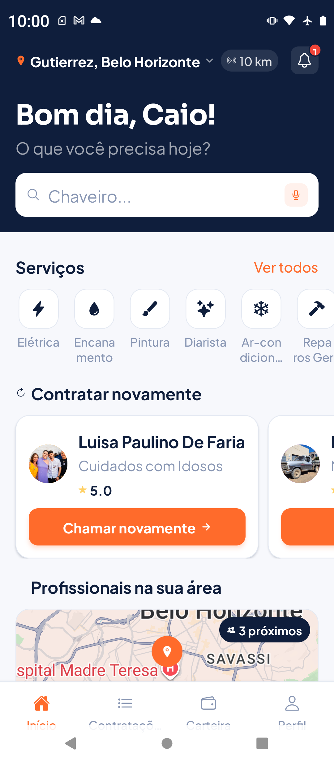 Tela inicial do app Worqly, com categorias de serviço e prestadores próximos