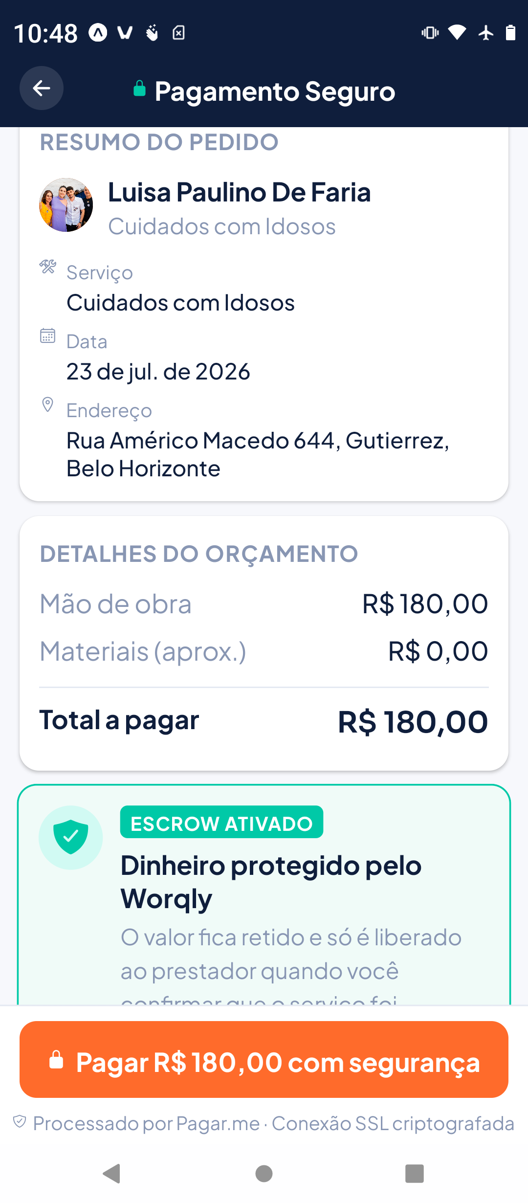 Tela de pagamento seguro do Worqly, com escrow ativado e conexão criptografada