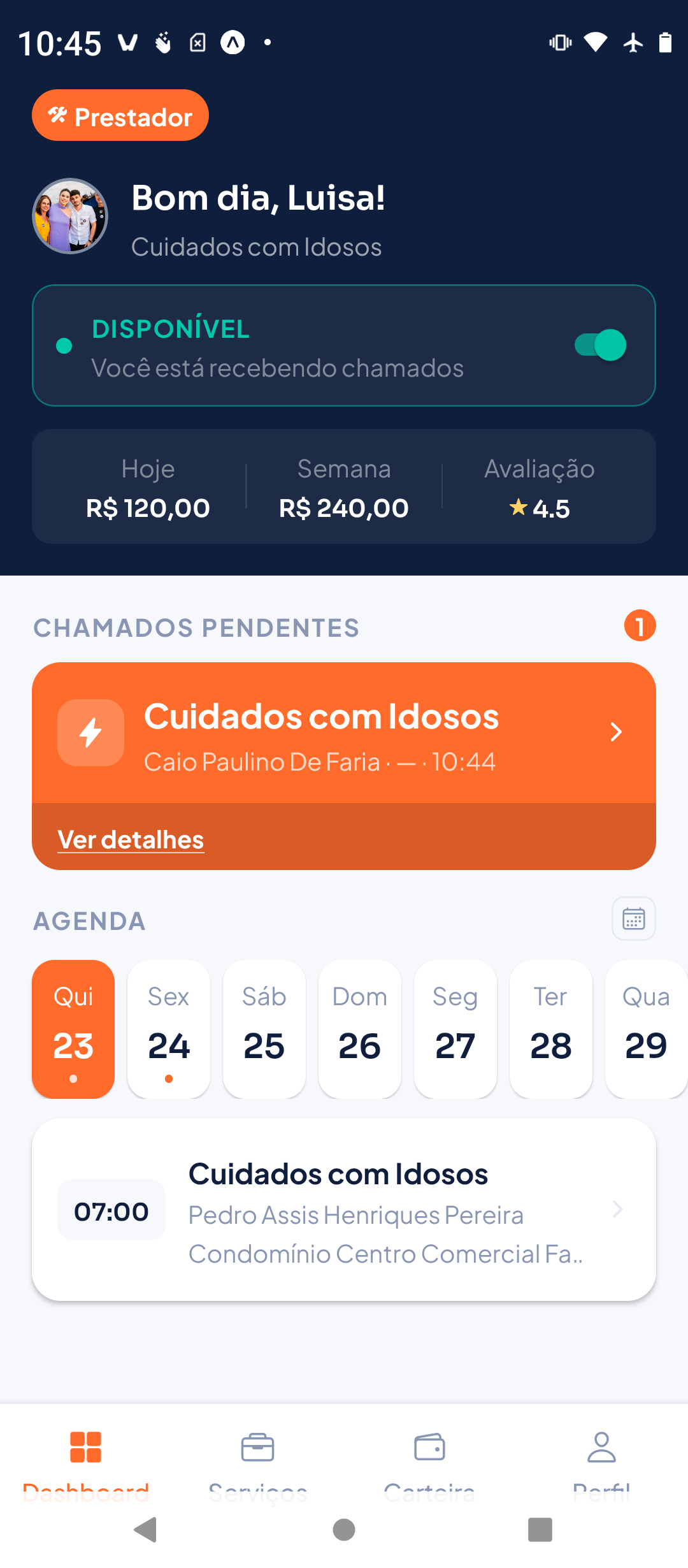 Print do app Worqly — Dashboard do Prestador