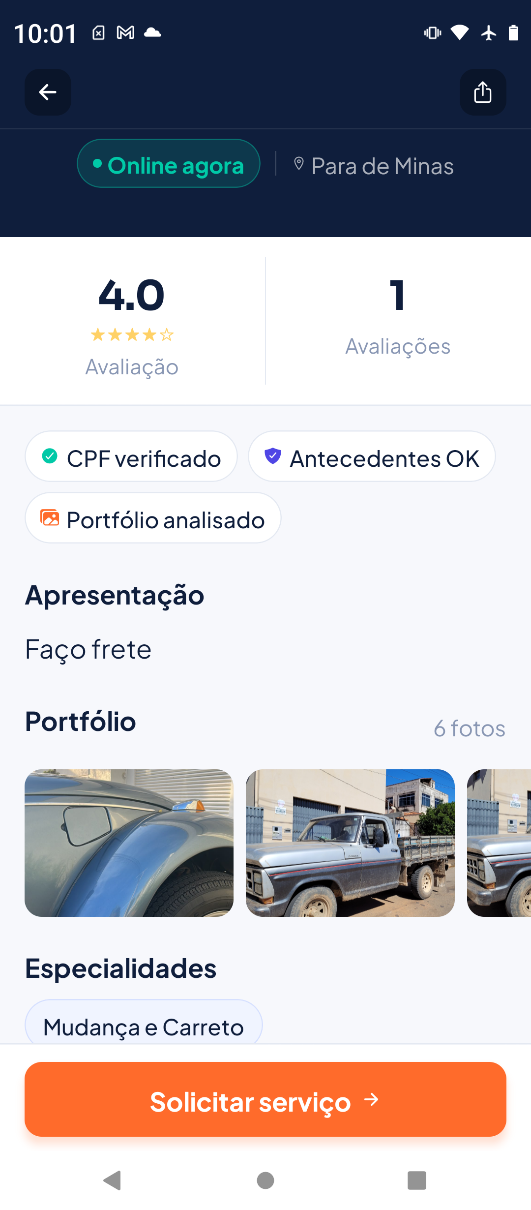 Print do app Worqly — Perfil do Prestador