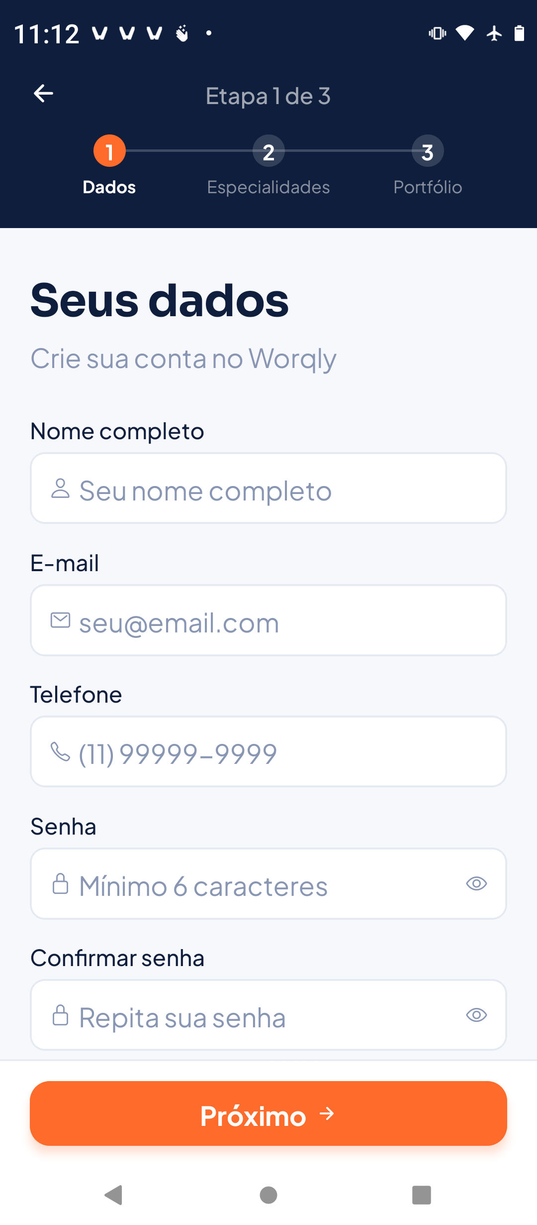 Print do app Worqly — Cadastro do Prestador