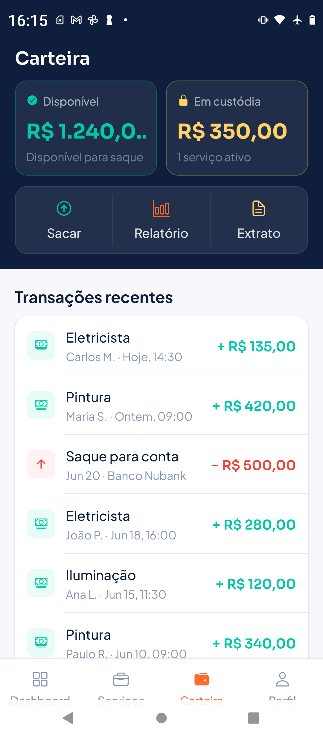 Print do app Worqly — Carteira do Prestador